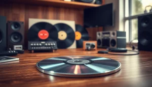 Showcasing an audio cd among vintage vinyl records in a cozy workspace