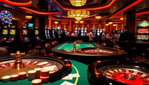 Experience intense gaming action at Luck8's vibrant casino with roulette and poker tables.