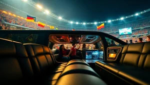 World Cup Group Transportation featuring a luxurious limousine outside a stadium filled with excited fans.