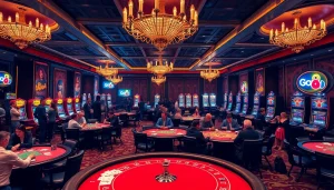 Exciting Go8 casino scene with players at blackjack and slot machines in a luxurious setting.