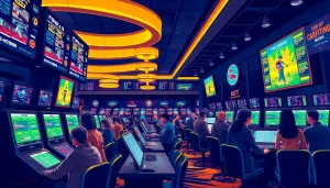Engaging view of sportsbooks in Oklahoma with vibrant casino lights and diverse bettors.