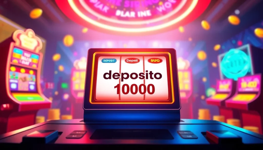 Menampilkan slot depo 1000 dengan mesin slot berwarna cerah dan latar bermain yang meriah.
