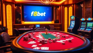 Experience the thrill of f8bet with vibrant casino visuals featuring poker chips, roulette wheels, and exciting gameplay.