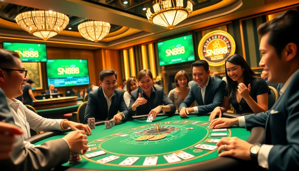 A lively casino scene with players enjoying blackjack and showcasing SN888's vibrant gaming experience.