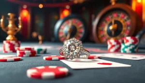 A stunning 18K white gold 鑽石戒指 showcased amidst vibrant poker chips and casino elements.