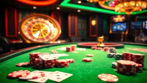 Exciting gambling action at https://32win.football/ with colorful poker chips and a roulette wheel.