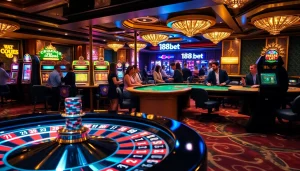 Engaging gambling scene featuring 188bet with a luxurious roulette table and excited players.