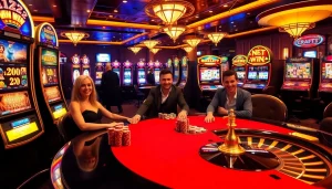 Experience net win excitement at a luxurious casino with poker tables, slot machines, and payouts.