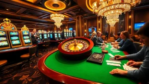 THABET casino scene with vibrant gaming tables and spinning roulette wheel.