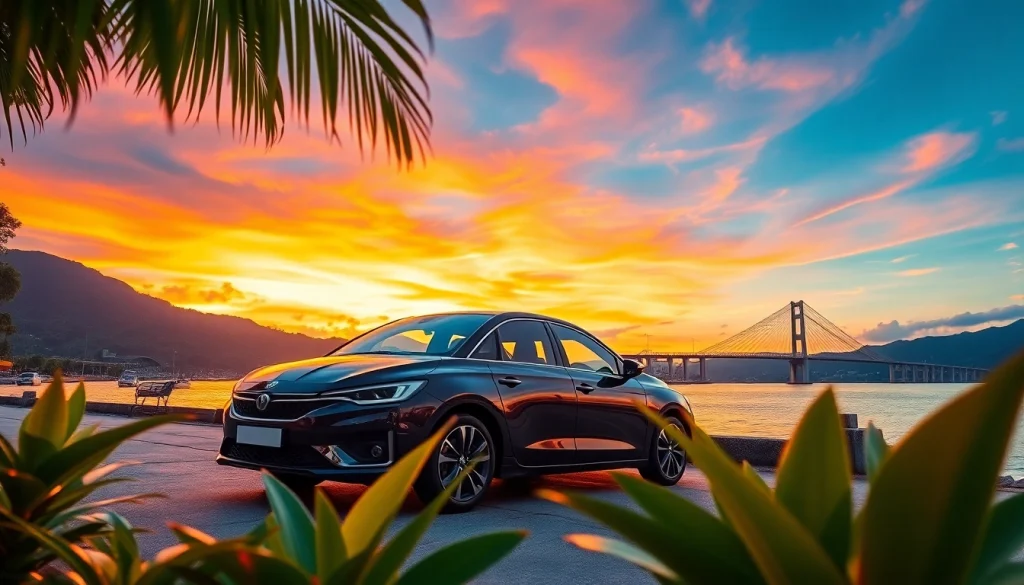 Car hire in Kuching showcased with a stylish rental car against a sunset by the Sarawak River.