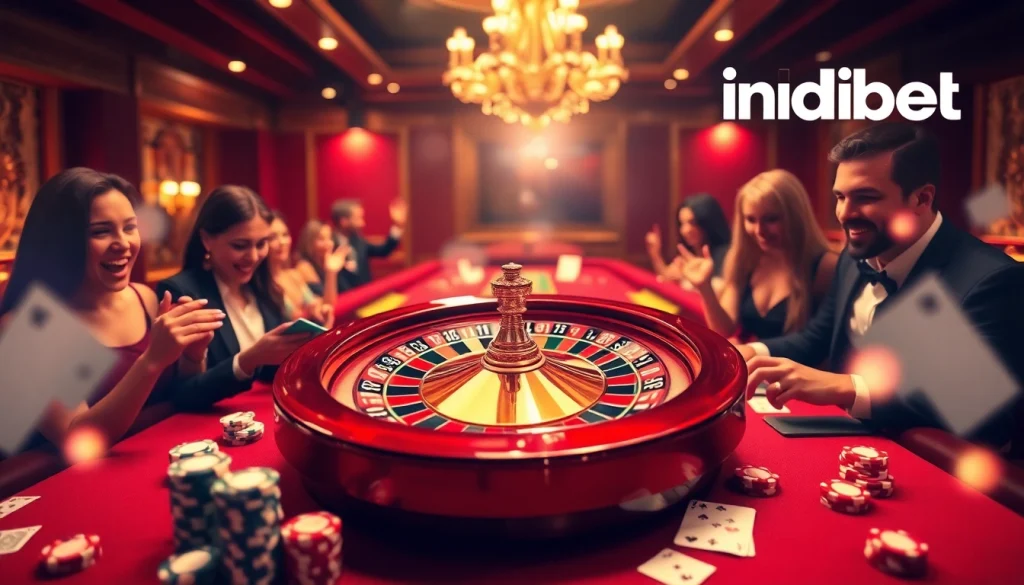 Exciting casino gameplay scene showcasing indibet.in's vibrant betting atmosphere with roulette and poker elements.