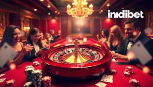 Exciting casino gameplay scene showcasing indibet.in's vibrant betting atmosphere with roulette and poker elements.