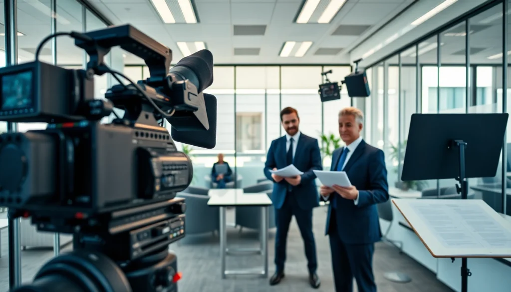 Capture of a corporate video production setup featuring a CEO interview in a bright office.