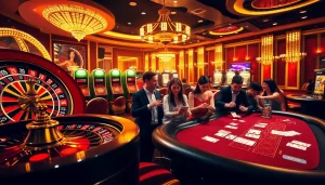 Players engaging with Thabet's vivid online casino games, betting with cards and chips.