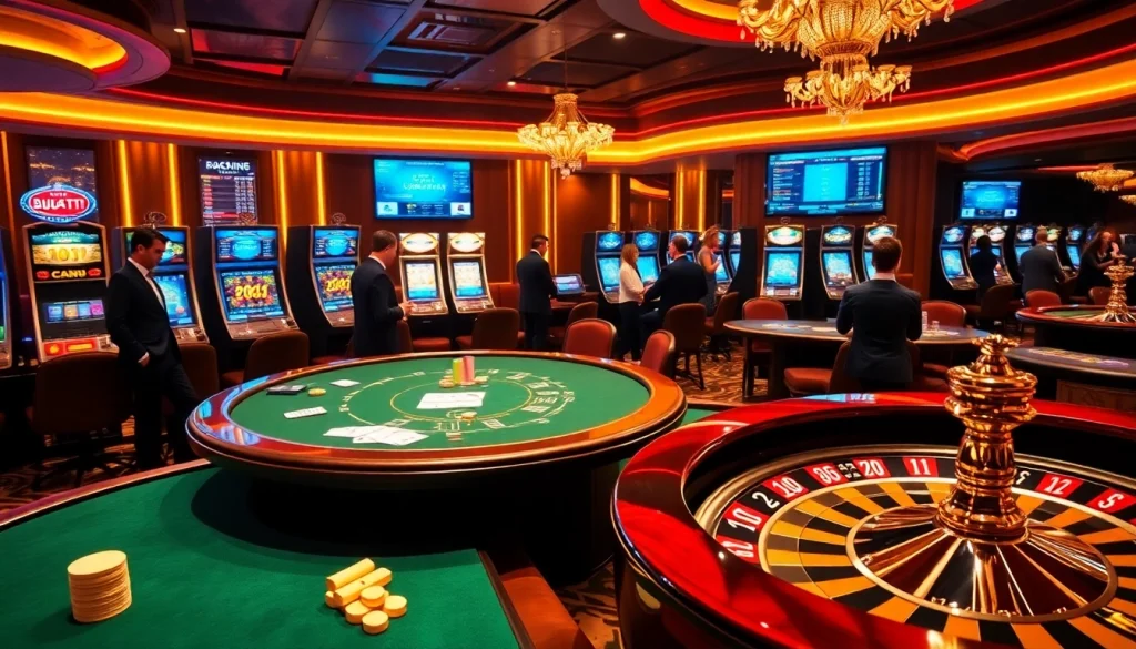 Experience exhilarating gaming at Bugatti8, featuring a luxurious casino atmosphere with vibrant card tables and spinning slot machines.