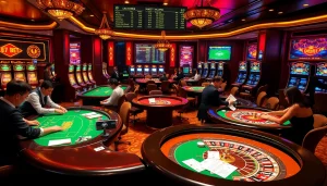 Exciting online gambling scene at 67bet with players engaged in various games at luxurious casino tables.