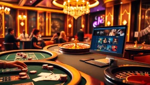 i9bet players engaging in thrilling online gambling with vivid casino elements and vibrant activities.