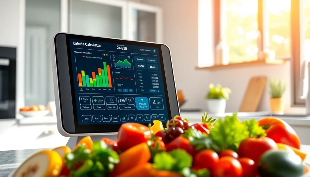Engaging calorie calculator interface in a modern kitchen, showcasing daily caloric needs.