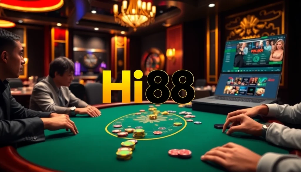 Hi88 poker table scene with players engaged in high-stakes gambling, colorful chips and roulette wheel.