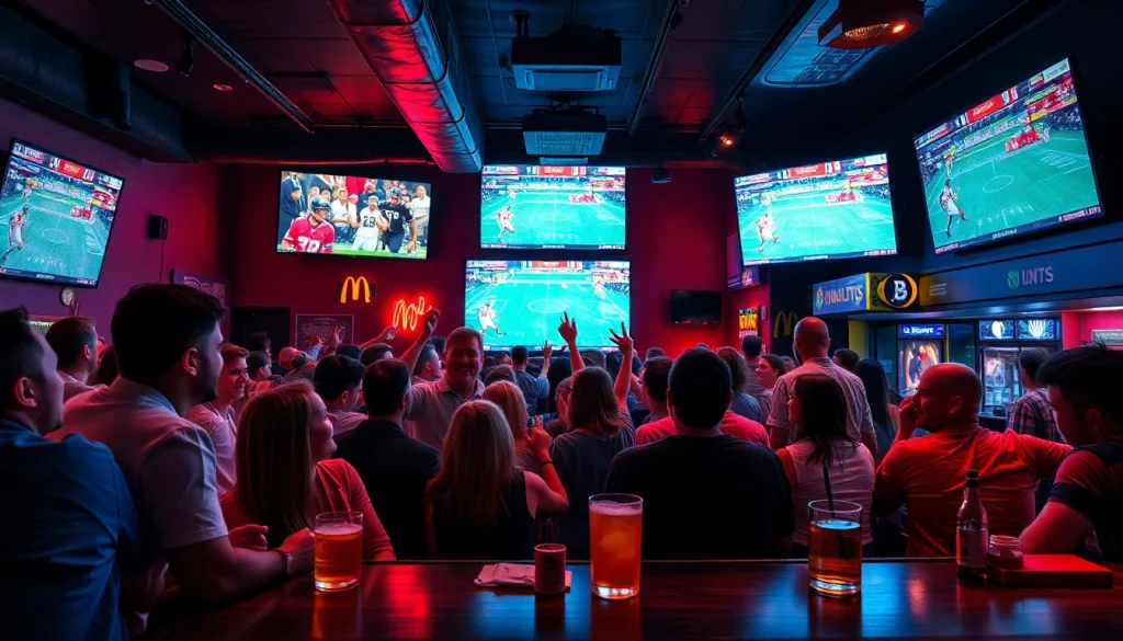 Fans enjoying sports betting Oklahoma in a vibrant sports bar atmosphere with live games.