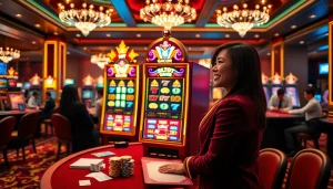 Player celebrating a win at a Slot Gacor machine in a luxurious casino setting.