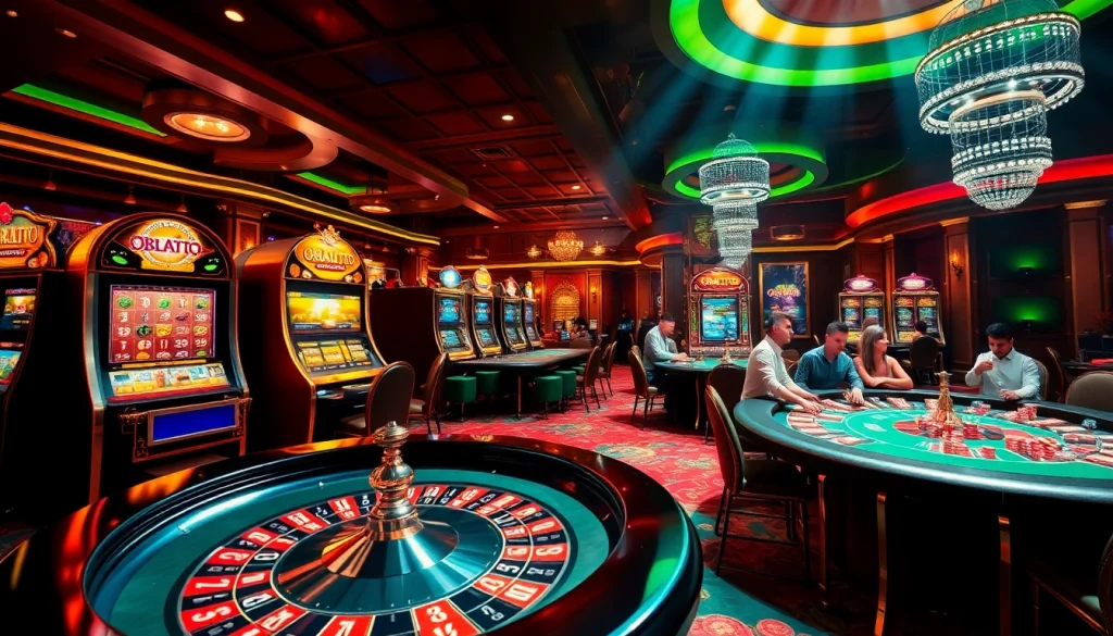 OBRALTOTO showcasing thrilling gambling action at casino with slot machines and poker tables.