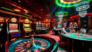 OBRALTOTO showcasing thrilling gambling action at casino with slot machines and poker tables.