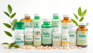 妊娠期に推奨される葉酸サプリメント。清潔な背景にさまざまなブランドを紹介。