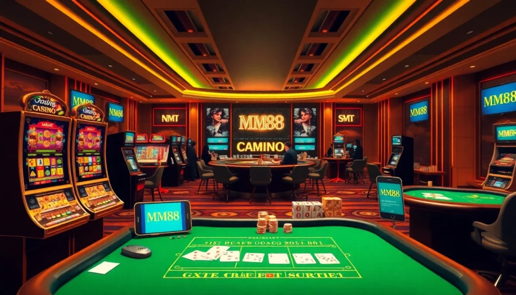 Experience the thrill of Nhà cái MM88 with a captivating online casino scene featuring poker tables and vibrant slot machines.