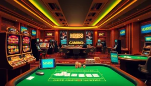 Experience the thrill of Nhà cái MM88 with a captivating online casino scene featuring poker tables and vibrant slot machines.
