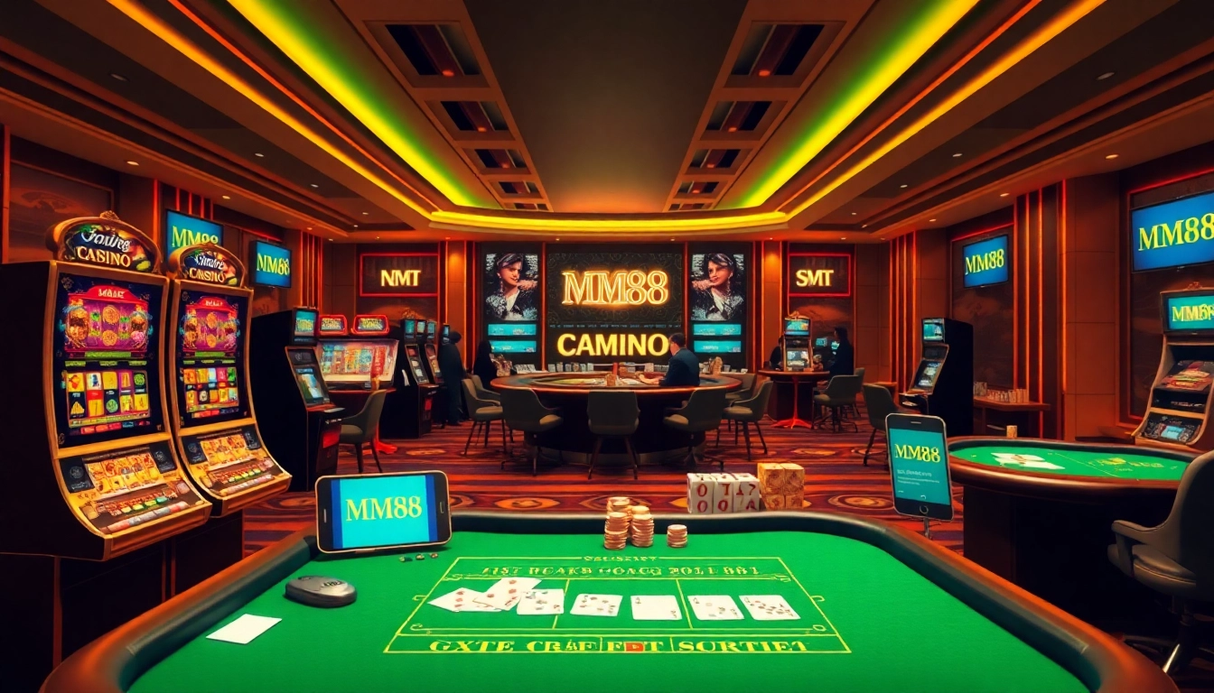 Experience the thrill of Nhà cái MM88 with a captivating online casino scene featuring poker tables and vibrant slot machines.