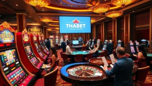 Experience the thrill at Trang Chủ THABET with players immersed in casino games and vibrant betting.