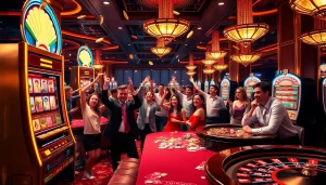 Experience the excitement of Situs Slot Gacor with players celebrating wins at luxury slot machines.