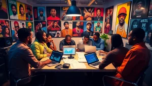 Vibrant teamwork scene at a hip hop PR firm, showcasing publicists strategizing for artists.