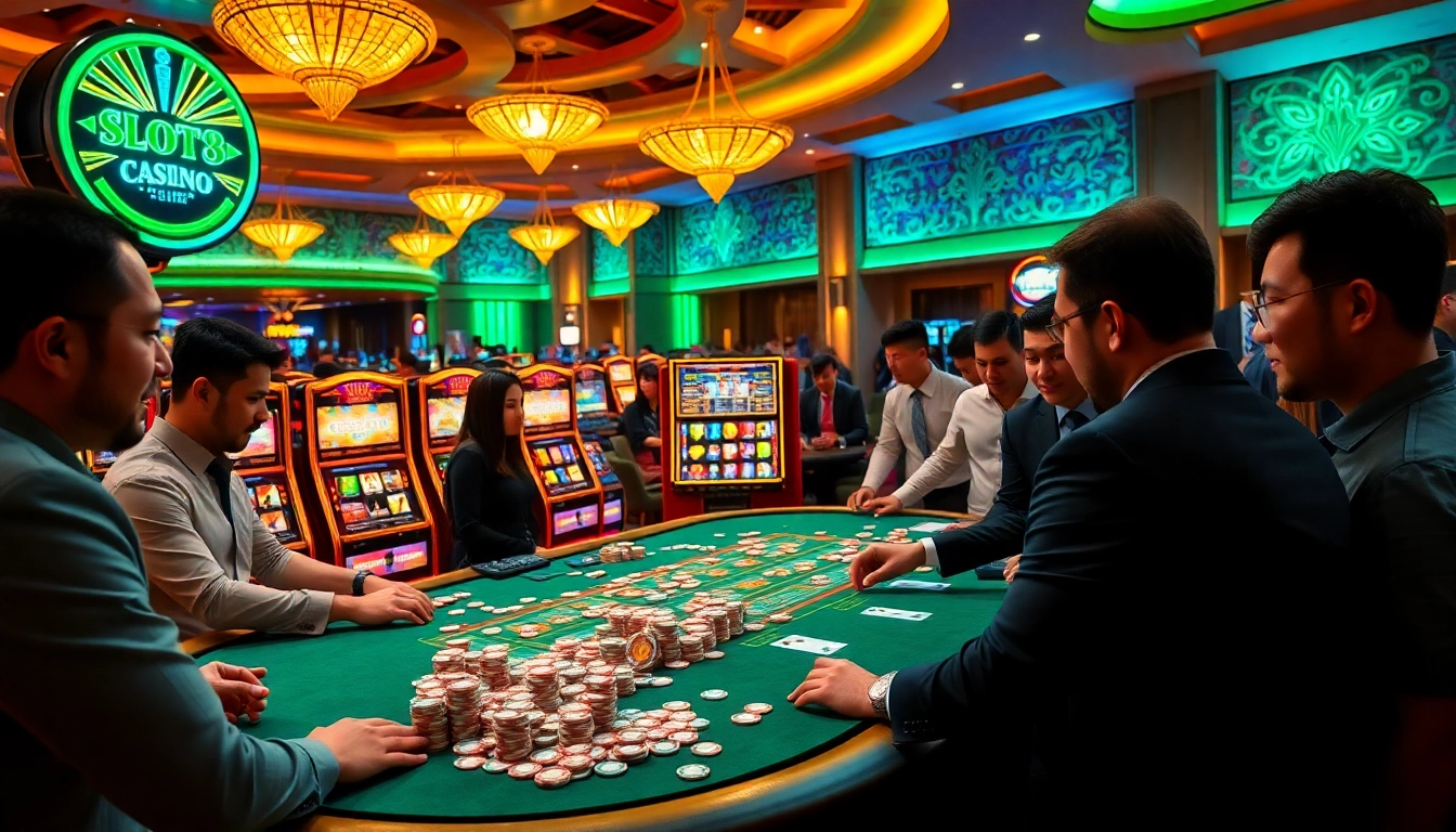 Experience excitement at SLOTS8 with vibrant slots, poker chips, and an inviting casino atmosphere.