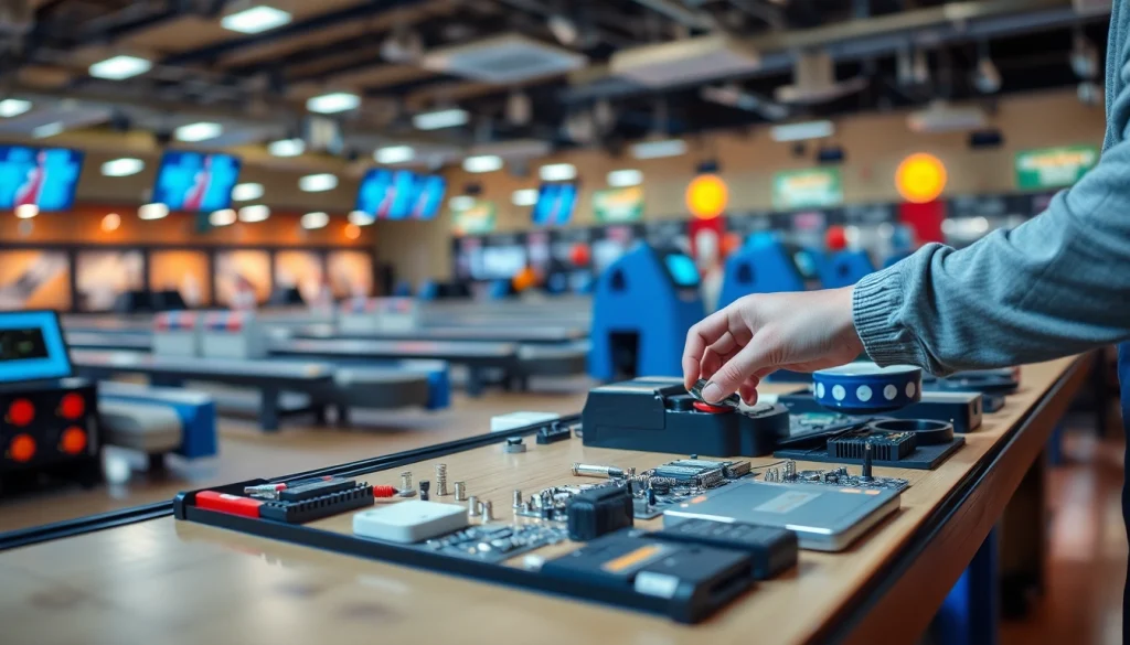 Bowling parts for AMF being expertly installed in a modern bowling alley setting.