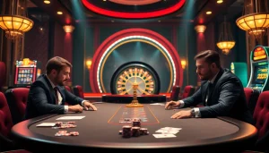 Players winning at a luxurious casino table at okwin, showcasing a vibrant poker game atmosphere.