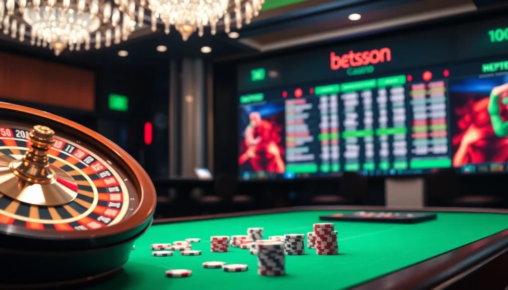 Betsson casino scene with a spinning roulette wheel and vibrant poker chips.