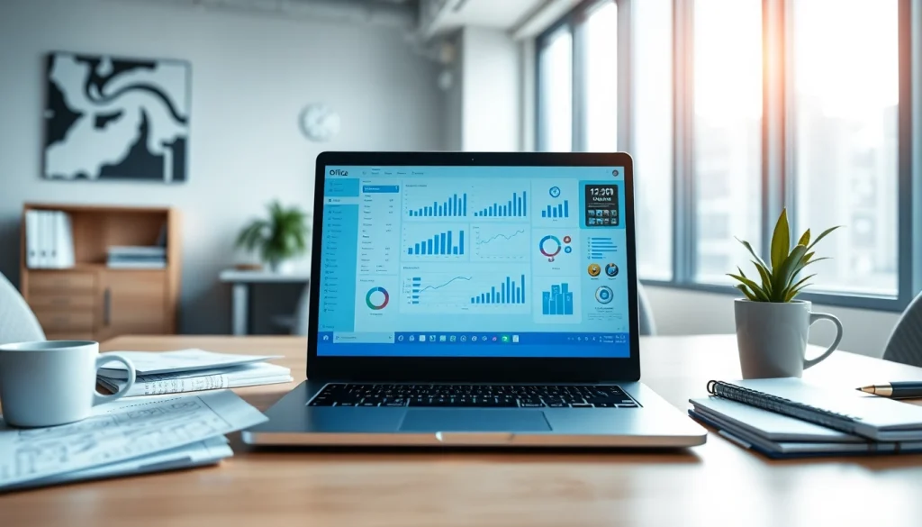 Image showcasing wps下载 on a laptop within a modern office space.