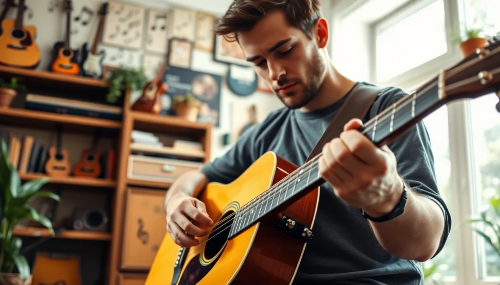 Learn guitar techniques at https://guitarlessons.co.uk with a talented player in a cozy setting.