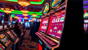 Menangkan slot bet 50 pada mesin slot yang berkilauan di kasino dengan latar belakang ramai.