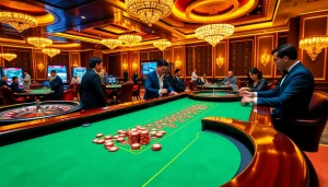 Intense poker game at a casino table with vibrant chips and web s8 theme, highlighting excitement.