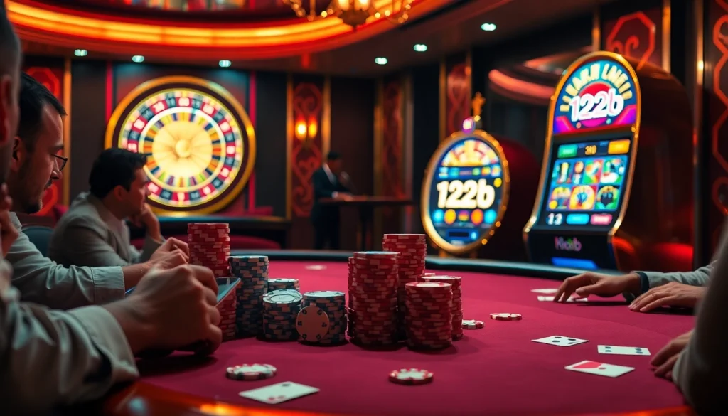 Players enjoying an exciting game at 123b casino table with vibrant poker chips and cards.