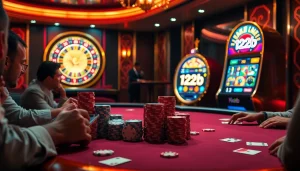 Players enjoying an exciting game at 123b casino table with vibrant poker chips and cards.