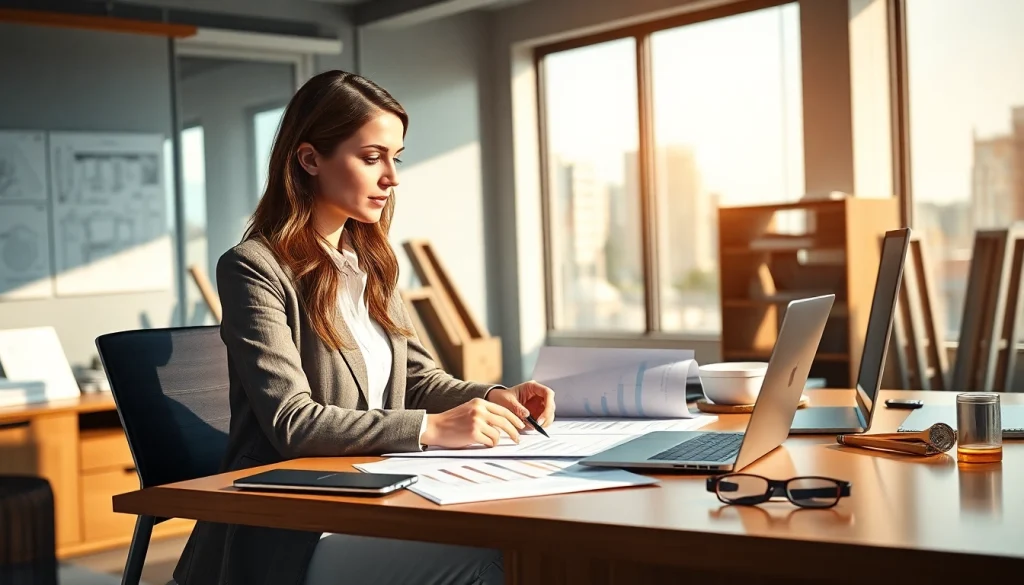 Księgowość dla firmy budowlanej w profesjonalnym biurze rachunkowym, z planami budowlanymi i kobietą księgową.