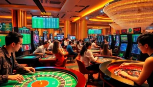 Engaging scene showcasing diverse players enjoying games at https://mm88.agency/ with vibrant casino elements and warm lighting.