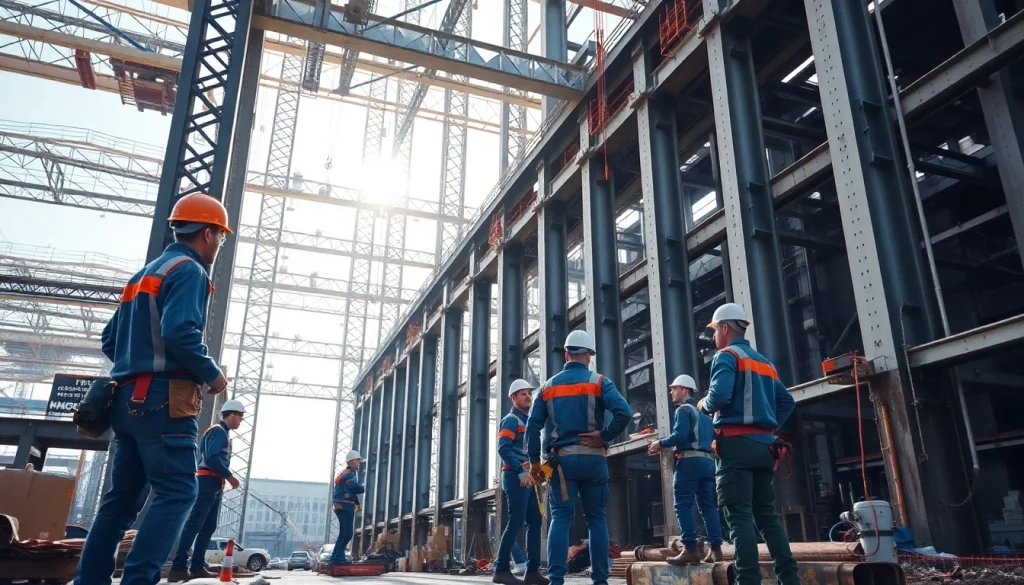 Team engaged in structural steel installation, showcasing coordination and precision at a construction site.