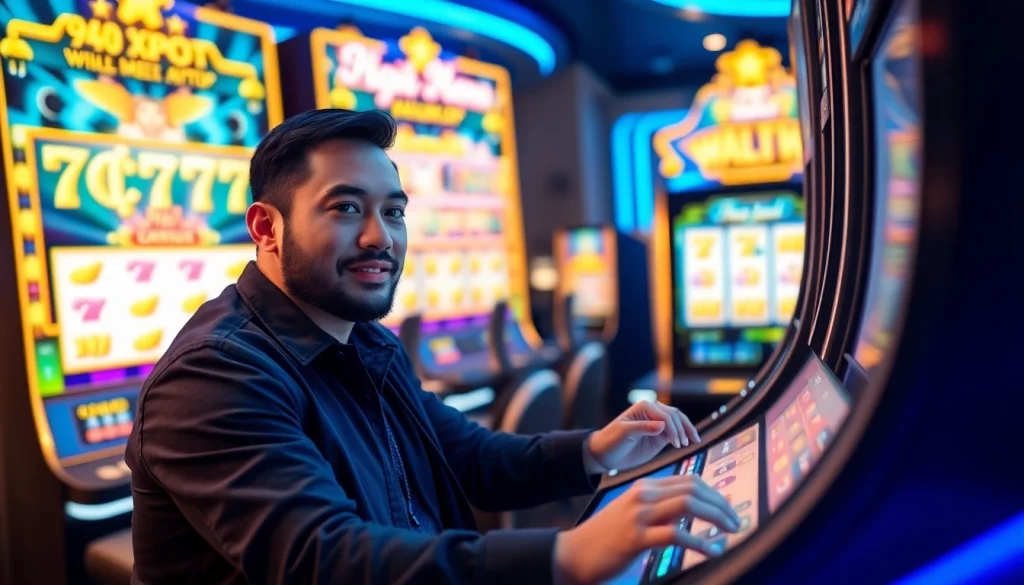 ผู้เล่นที่ตื่นเต้นกำลังเล่น 918kiss slot บนหน้าจอเกมที่มีสีสันสดใส