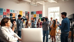 Creators collaboratively working on content monetization for creators in a vibrant studio.