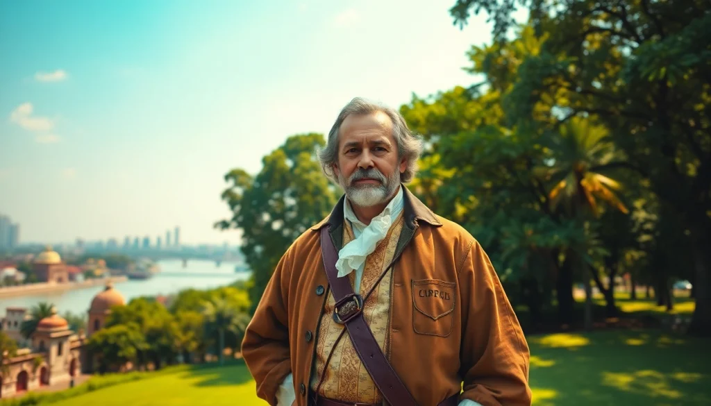 Job Charnock depicted as the founder kolkata in a vibrant historical setting with colonial architecture.